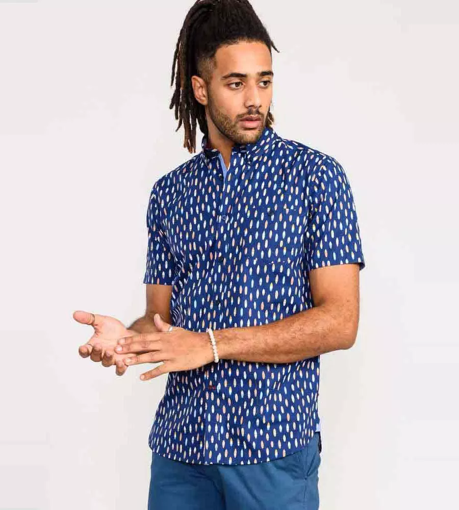 D555 Mens Navy Short Sleeve Shirt With Surfboard Print HACKFORD