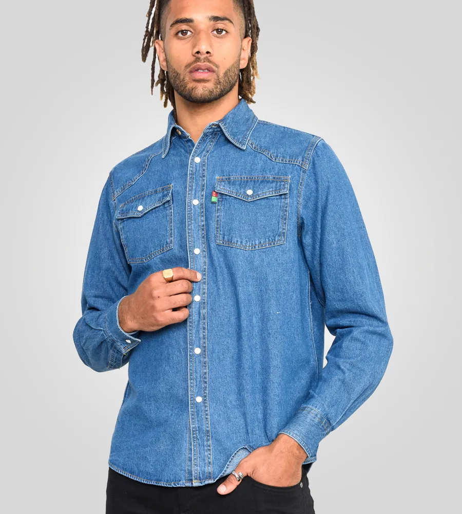 Duke Direct Duke Mens Long Sleeve Blue Denim Shirt Western Style