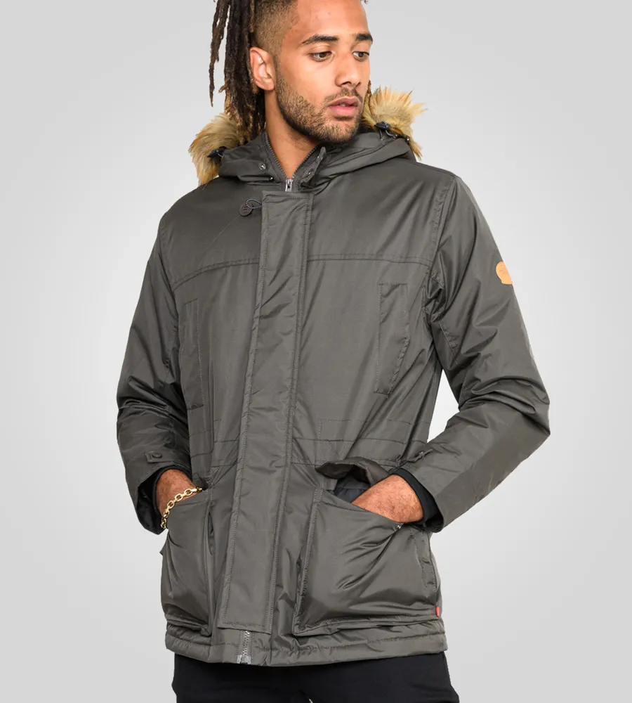 Fur Trim Khaki Coat With Hood Khaki Faux Fur Trim Hooded Puffer