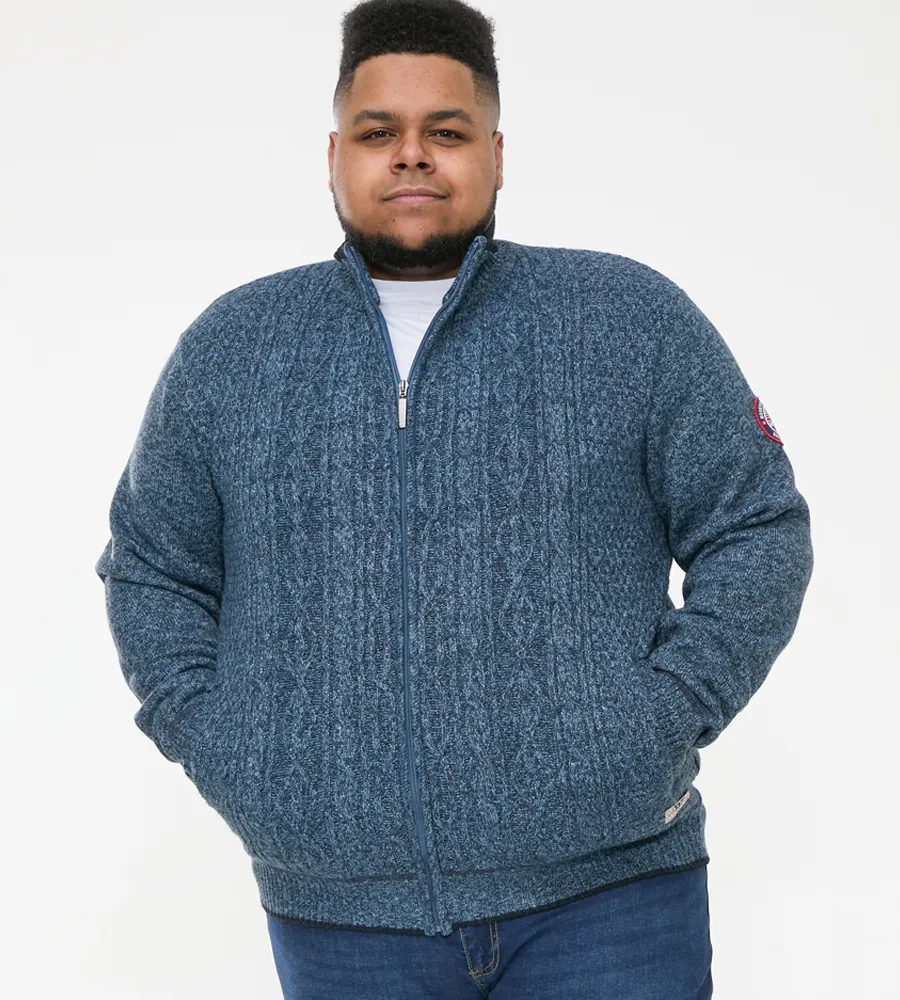 Duke Direct D555 Big Mens Blue Cable Knit Sweater With Zip and Bonded